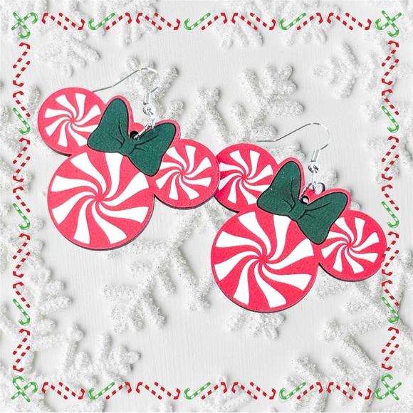 Jewelry - Holiday Peppermint Minnie Mouse Earrings with Green Bow